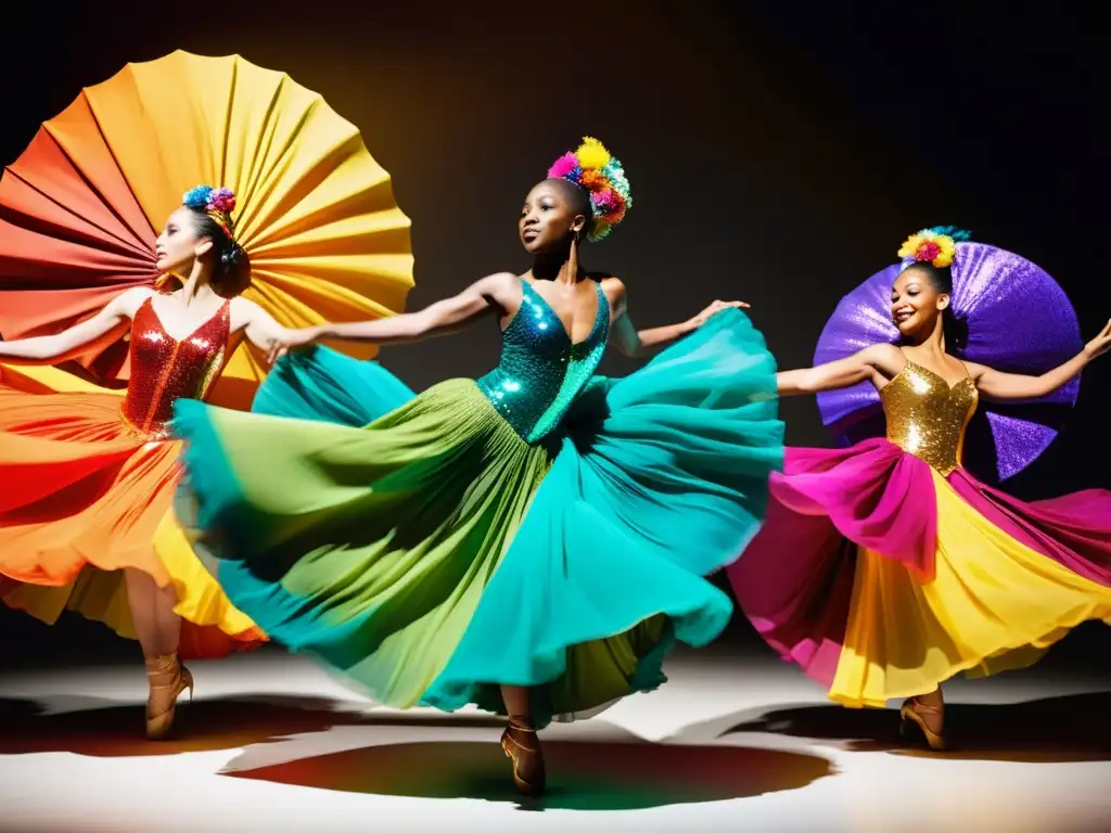 Influencia del vestuario en danza: Grupo de bailarines en vibrantes trajes coloridos, capturados en un salto dinámico durante su actuación