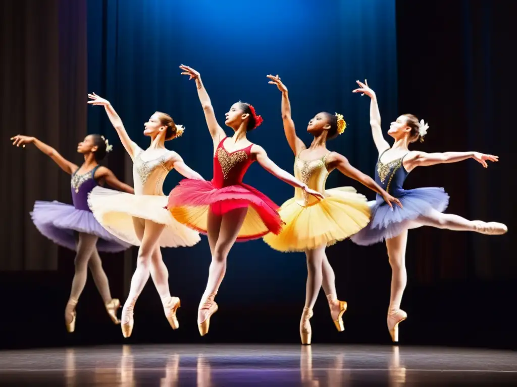 Influencia del vestuario en danza: Balletistas saltando con trajes coloridos y elegantes, destacando la gracia de sus movimientos en el aire