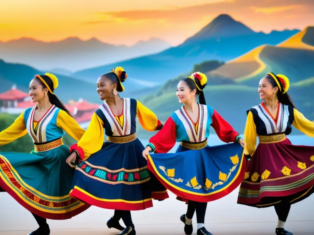 Influencias interculturales en danzas folclóricas: Grupo de bailarines en trajes tradicionales de diversas culturas realizan una rutina sincronizada, mostrando la diversidad y belleza de las influencias interculturales en las danzas folclóricas