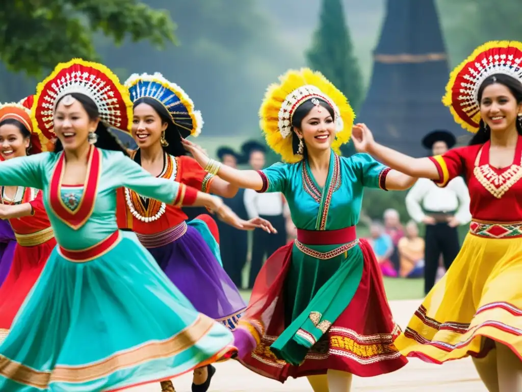 Influencias interculturales en danzas folclóricas: Coloridos trajes y dinámicas expresiones en una celebración cultural al aire libre