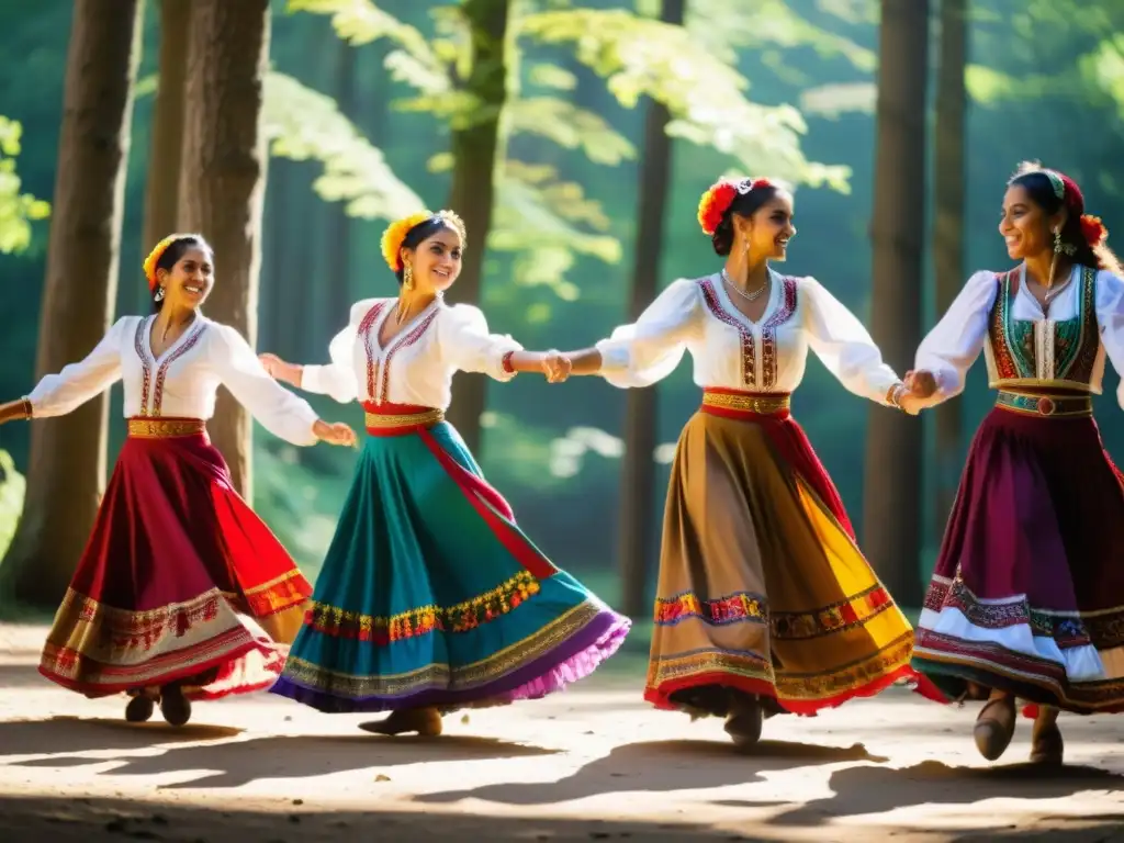 Influencias musicales en danzas zíngaras: Grupo de bailarines gitanos con trajes tradicionales, moviéndose con alegría en un claro soleado del bosque