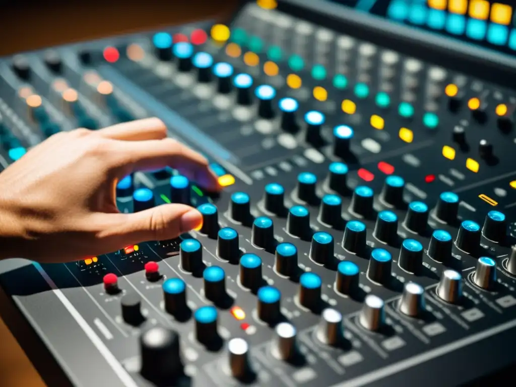 Un ingeniero de masterización de audio ajusta meticulosamente niveles en una consola de sonido de vanguardia, resaltando la importancia de la masterización de audio en presentaciones de danza contemporánea