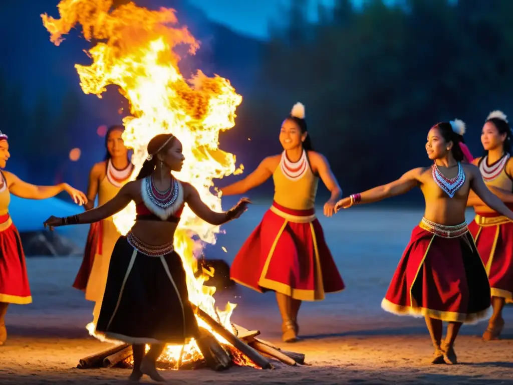 Ficción inspirada en danzas tradicionales: Grupo de bailarines indígenas realiza danza ceremonial alrededor de fogata, expresando su herencia cultural con gracia y pasión