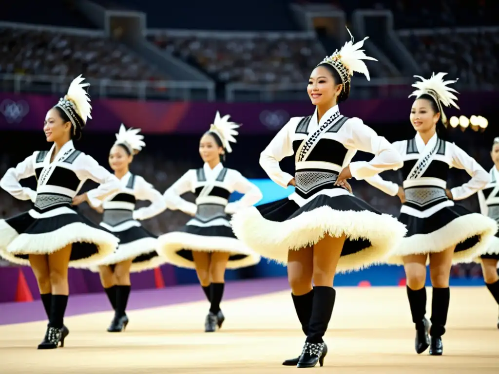 Un instantánea en blanco y negro de bailarines realizando una danza tradicional en la ceremonia de apertura de los Juegos Olímpicos