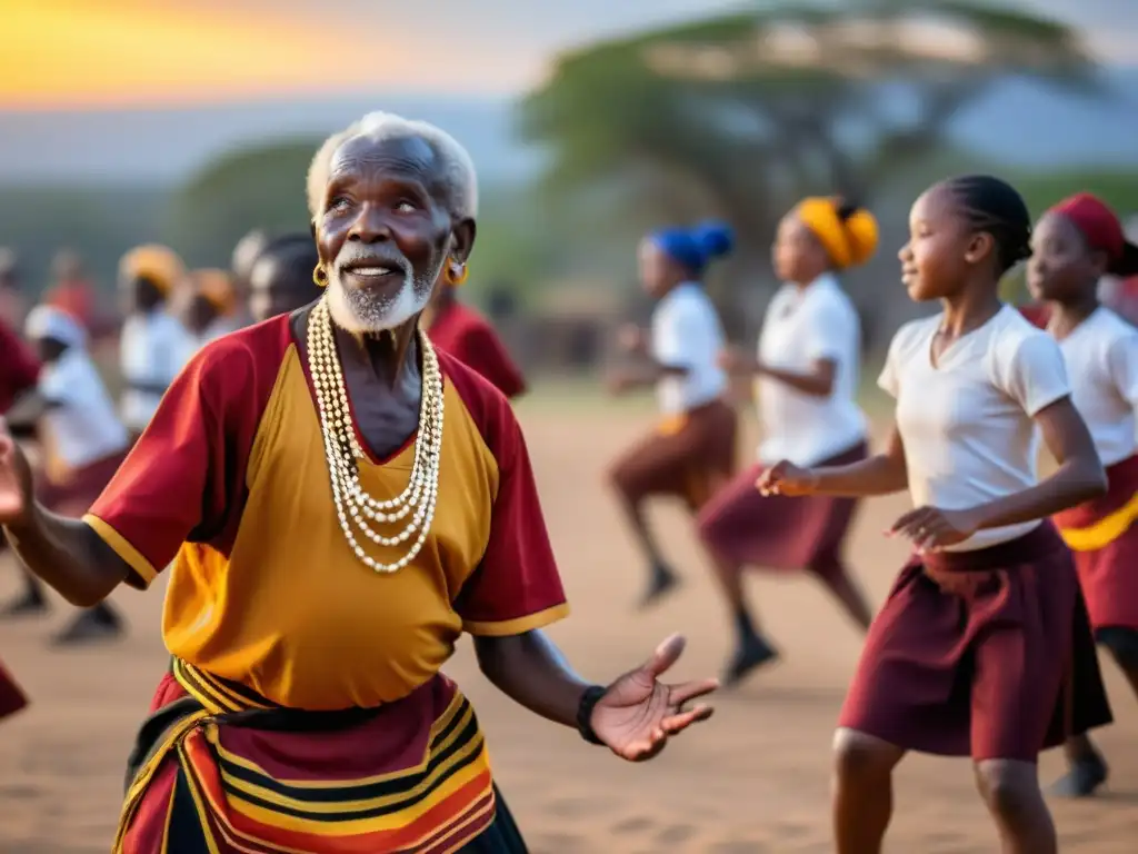 Un instructor africano de danza transmite oralmente la tradición a jóvenes bailarines en un atardecer dorado, reflejando sabiduría y alegría