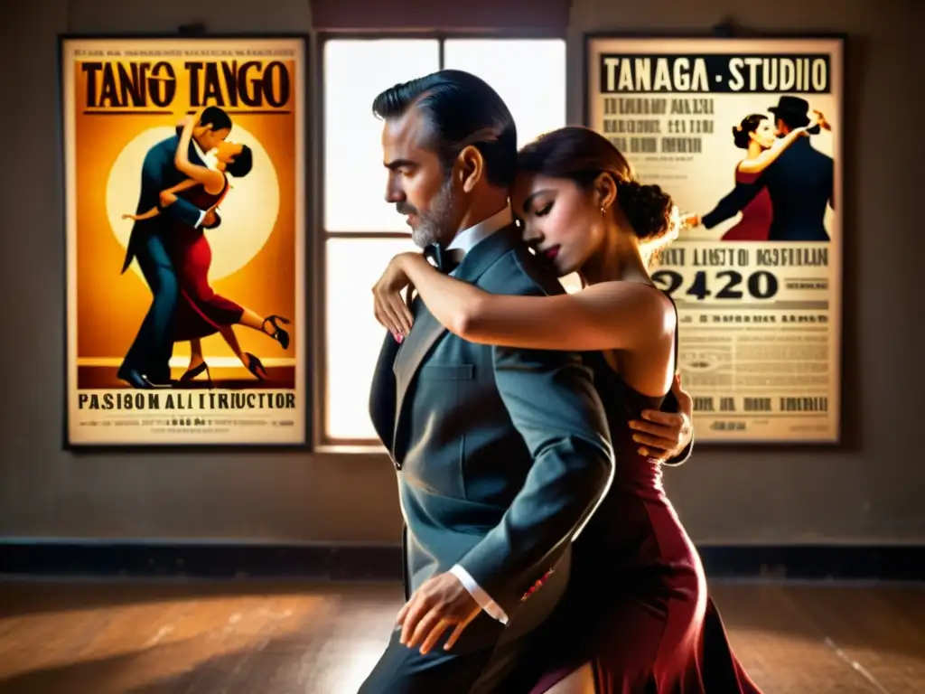 Un instructor apasionado guía a un estudiante en un elegante movimiento de tango argentino actual, en un estudio rústico y nostálgico