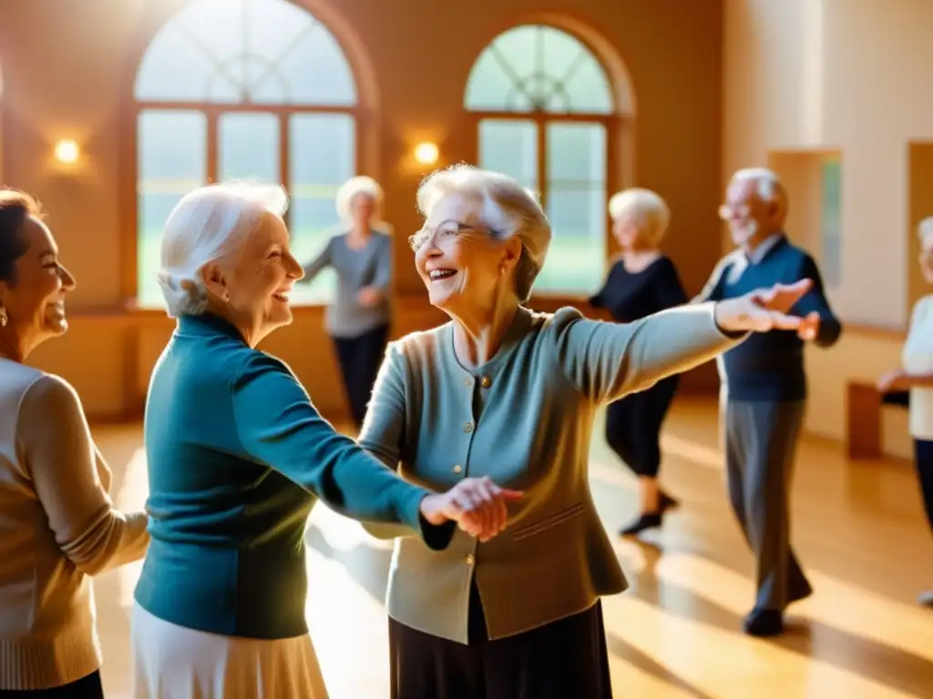 Un instructor de baile guía con cariño a un grupo de adultos mayores en un elegante salón iluminado por el sol