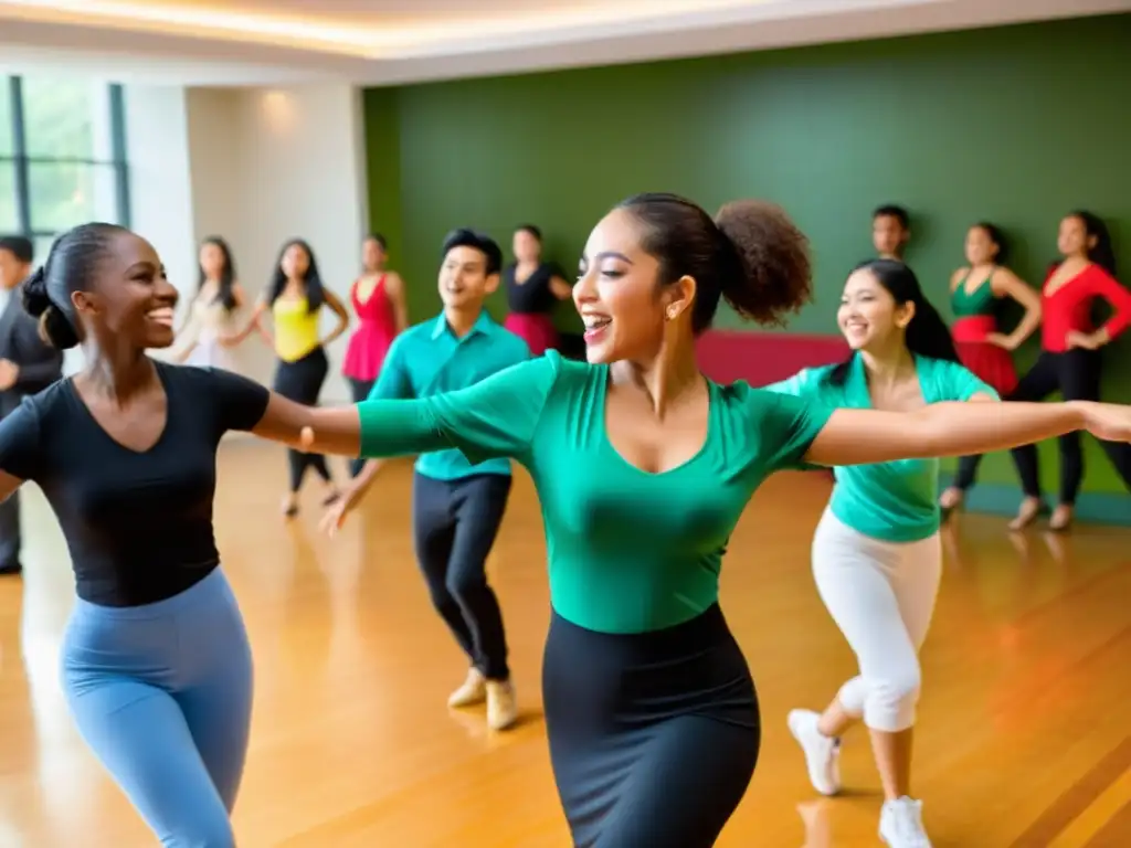 Un instructor de baile enérgico guía a estudiantes internacionales en una rutina vibrante de salsa, sumergidos en la rica herencia cultural de la danza latinoamericana