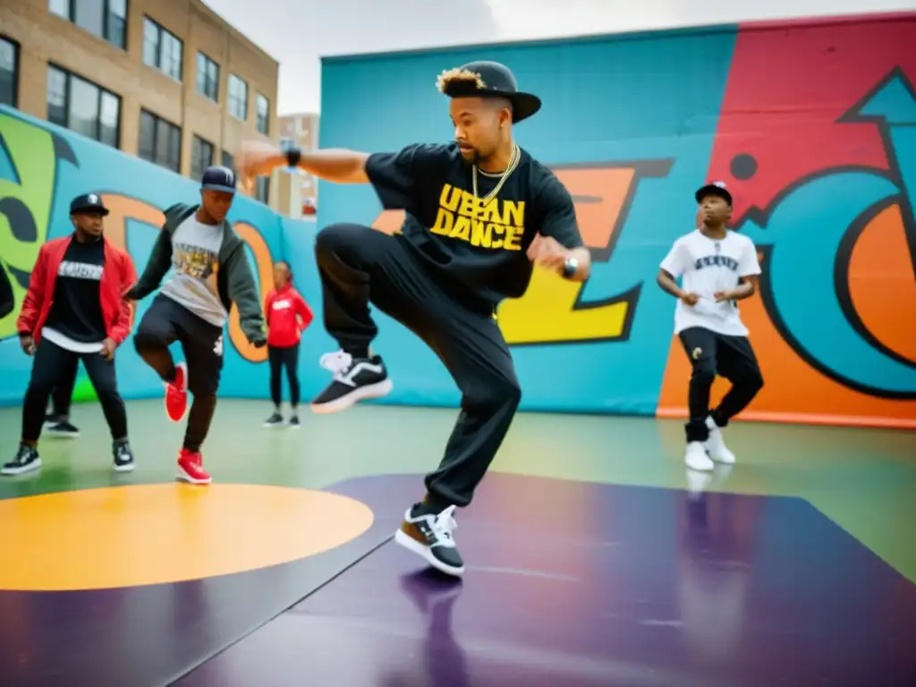 Un instructor de baile urbano enseña métodos de breakdance hiphop a un grupo de jóvenes, en un vibrante espacio al aire libre lleno de grafitis