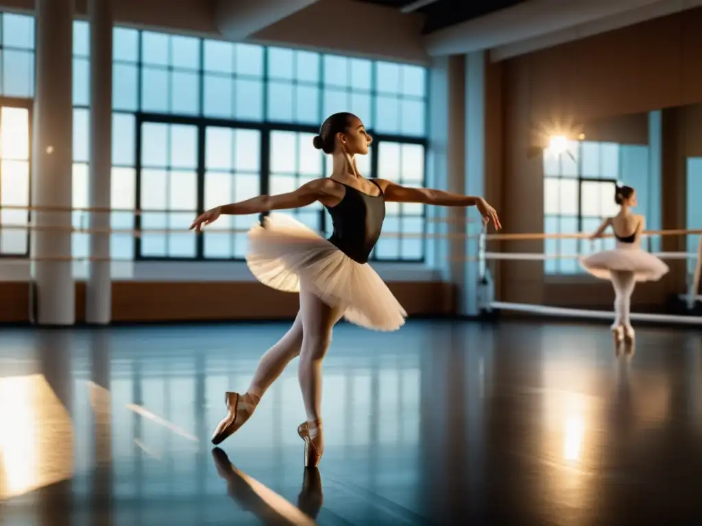 Un instructor de ballet clásico demuestra movimientos gráciles en un estudio bien iluminado