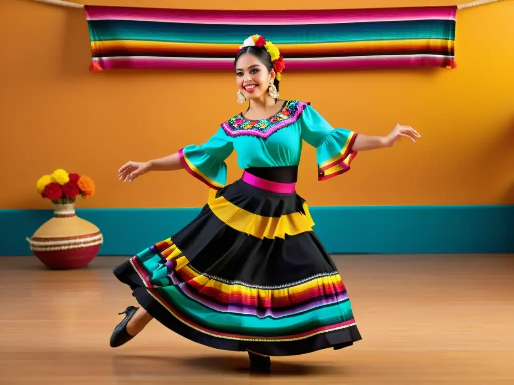 Un instructor de danza folklórica mexicana muestra zapateado con pasión y precisión en un estudio vibrante