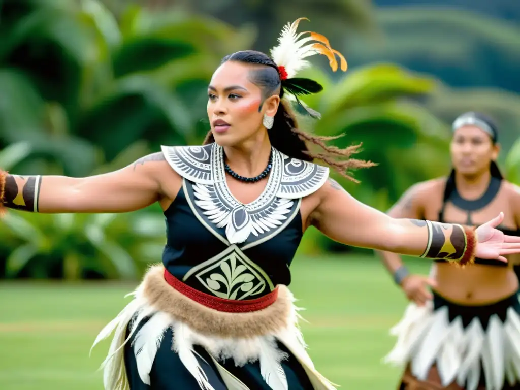 Un instructor de danza maorí tradicional lidera a un grupo de estudiantes en una danza, con trajes vibrantes y tatuajes faciales intrincados