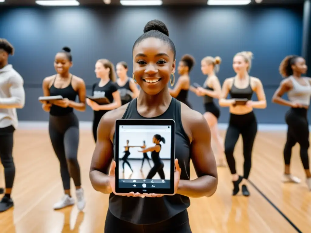 Un instructor de danza moderna apasionado utiliza una app de música mientras enseña a sus alumnos en un estudio elegante y pulido