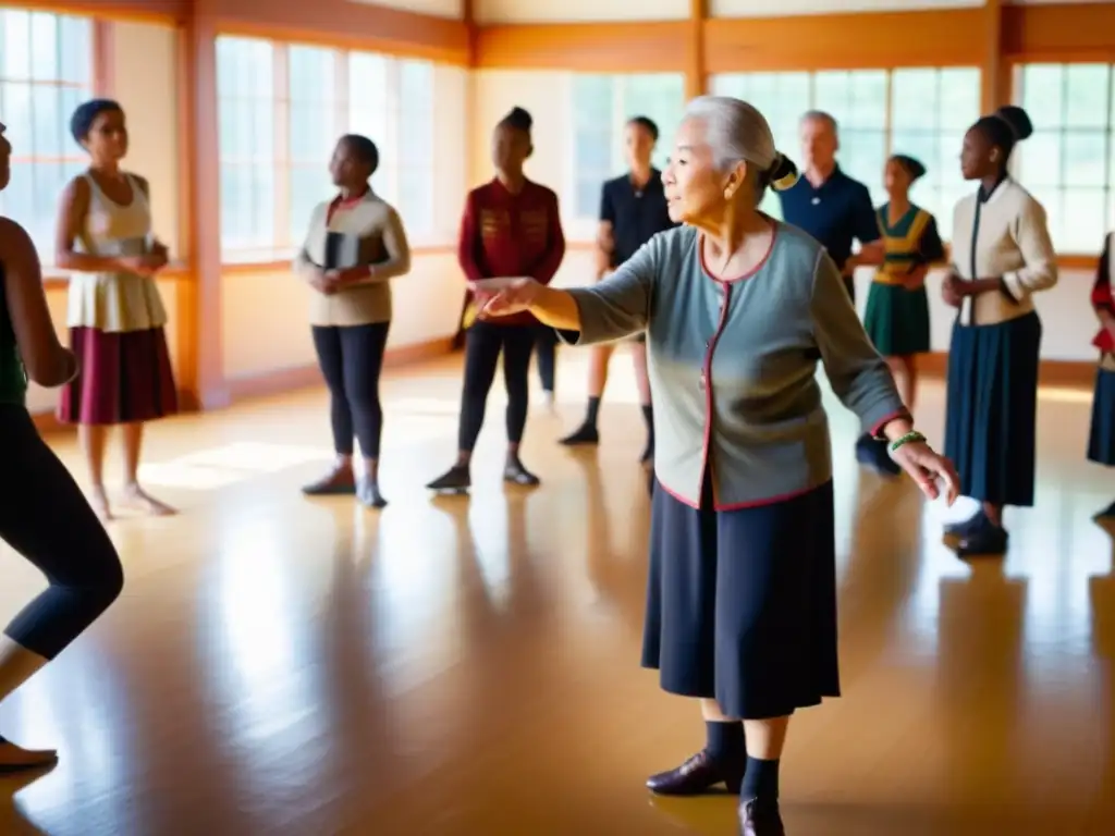 Un instructor de danza tradicional enseña con pasión a estudiantes de todas las edades en un estudio iluminado por el sol