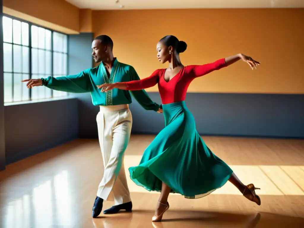 Un instructor de danza tradicional enseña graciosamente a un estudiante en un estudio VIP, emanando exclusividad y pasión por la danza