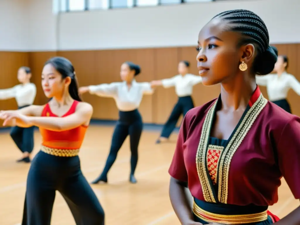 Un instructor de danza tradicional enseña movimientos complejos a estudiantes, destacando la importancia del lenguaje corporal en la danza