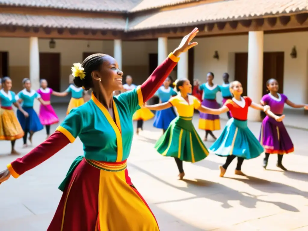 Un instructor de danza tradicional experto enseña movimientos complejos a un grupo de entusiastas estudiantes en un patio al aire libre