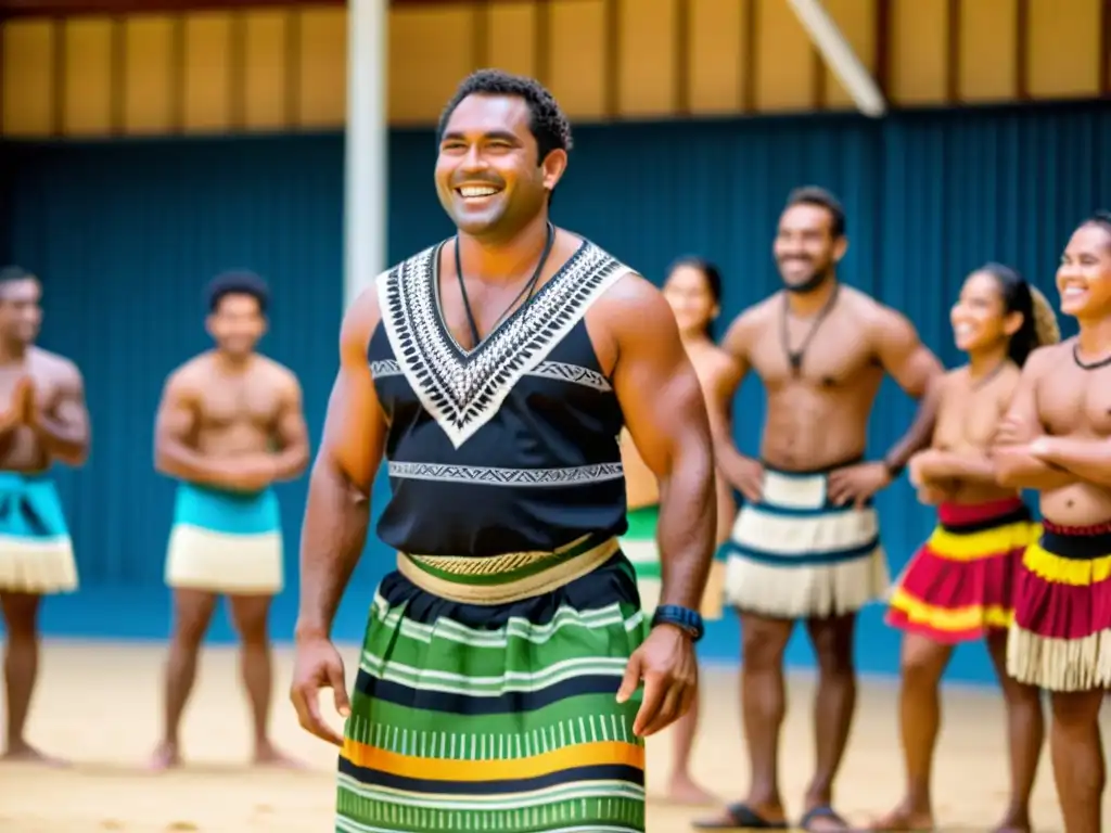 Un instructor de danza tradicional de Fiji enseña con gracia mientras los estudiantes observan atentamente