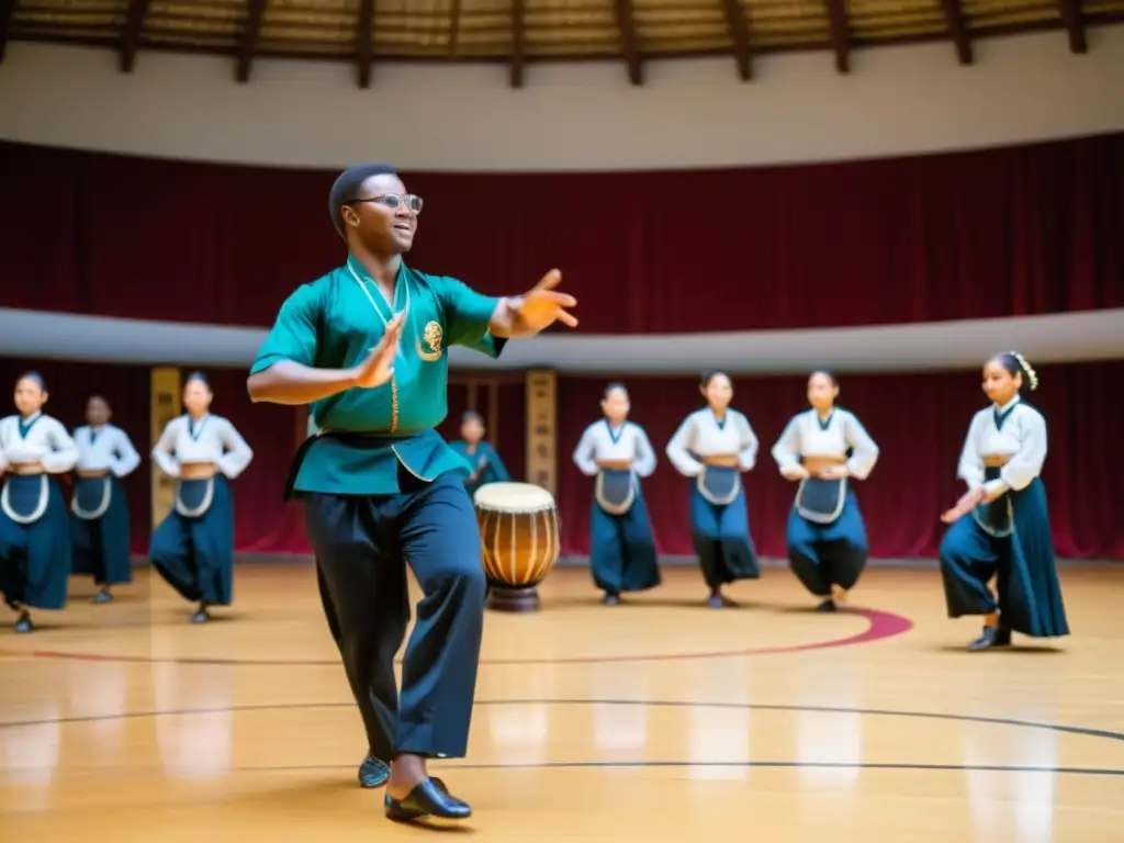 Un instructor de danza tradicional demuestra pasos complejos mientras los estudiantes observan con atención