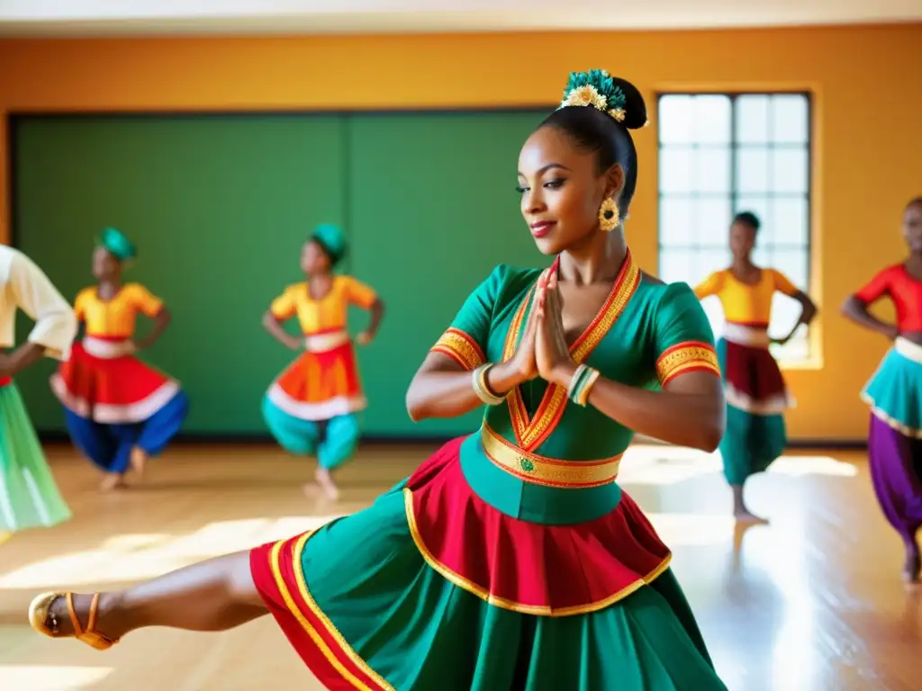 Un instructor de danza tradicional, vestido con trajes vibrantes, enseña a un grupo de estudiantes en un estudio soleado