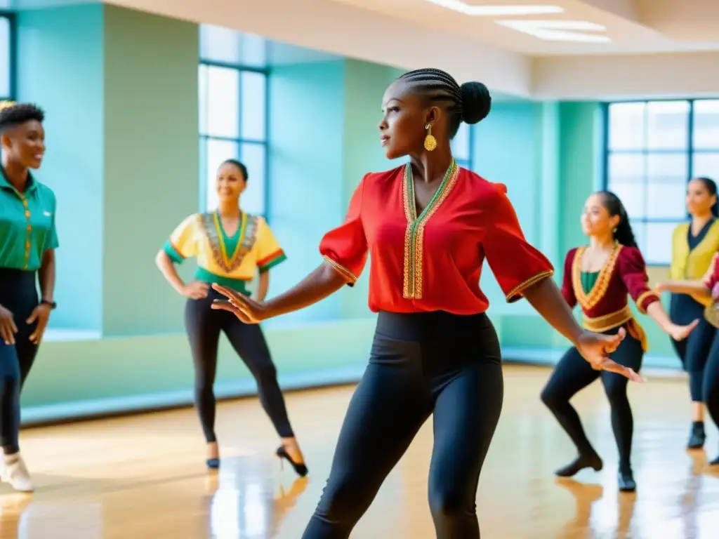 Instructor de danza enseña pasos tradicionales con pasión Un instructor de danzas tradicionales utiliza software especializado para enseñar pasos intrincados a sus estudiantes en un estudio vibrante