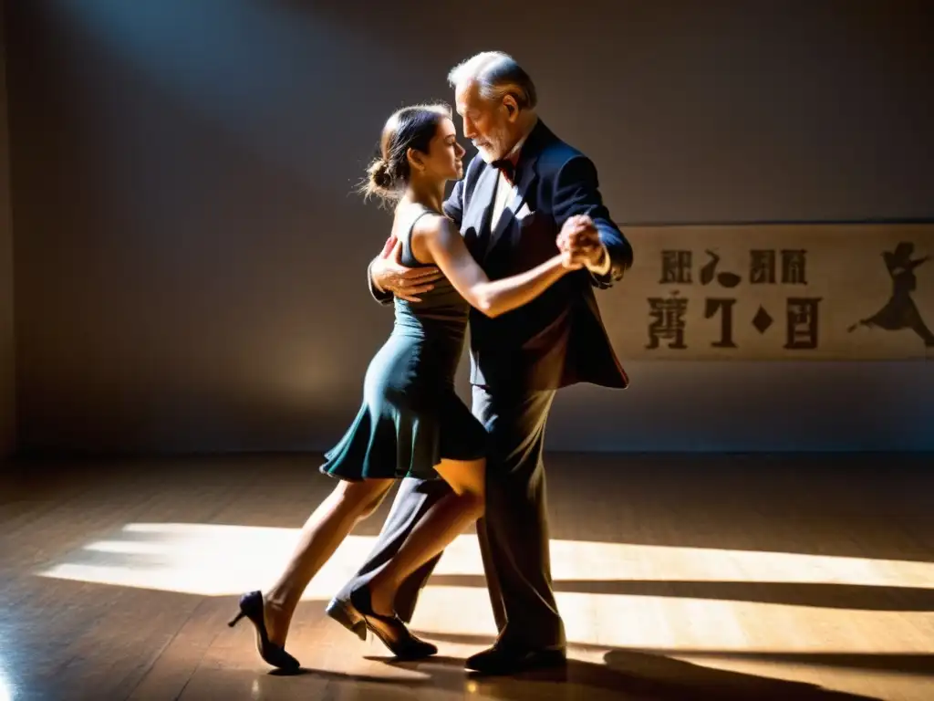 Un instructor de tango argentino enseña con pasión a su joven estudiante en un estudio de baile nostálgico y tenue