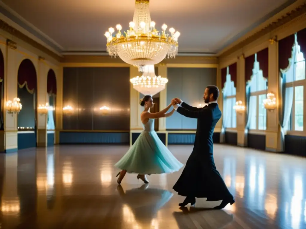 Una instructora de baile de salón muestra la técnica del Vals Vienés en un elegante salón de baile rodeado de espejos y candelabros de cristal