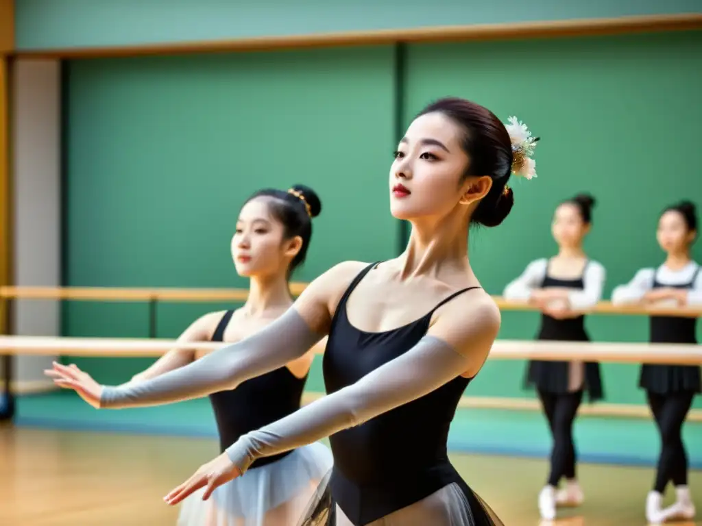 Una instructora de ballet chino muestra postura fundamental, mientras alumnos practican en un elegante estudio de danza