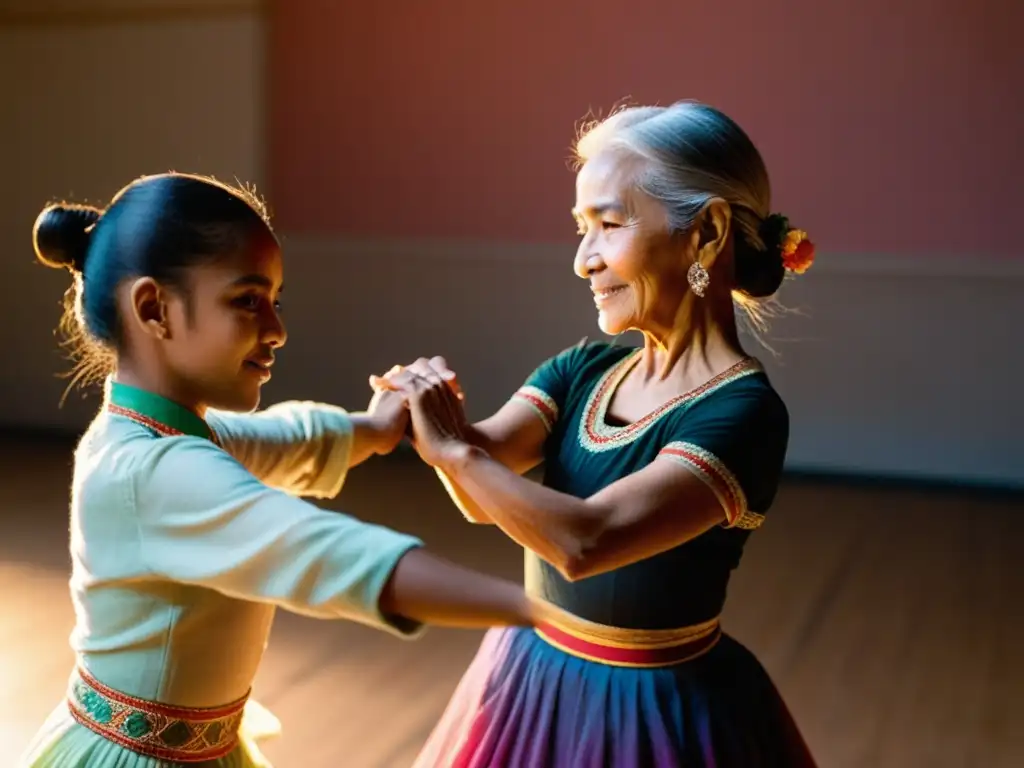 Una instructora de danza anciana guía con sabiduría a una joven bailarina en un estudio iluminado, destacando la importancia de maestros de danza