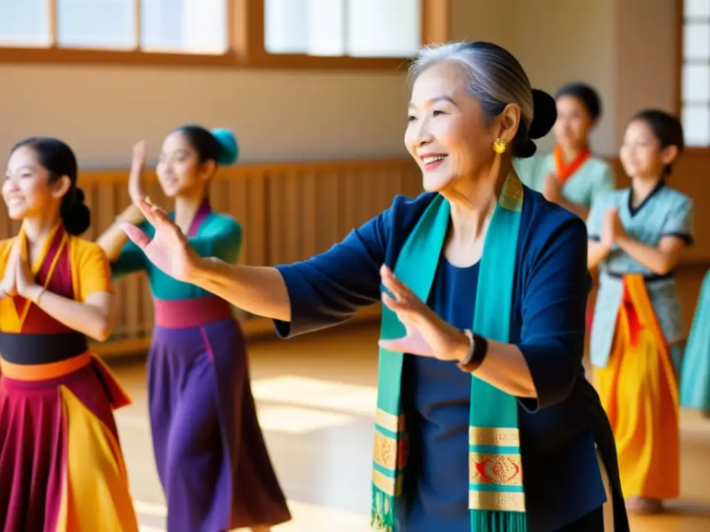 Una instructora de danza asiática mayor guía a sus jóvenes estudiantes en un estudio vibrante y lleno de luz