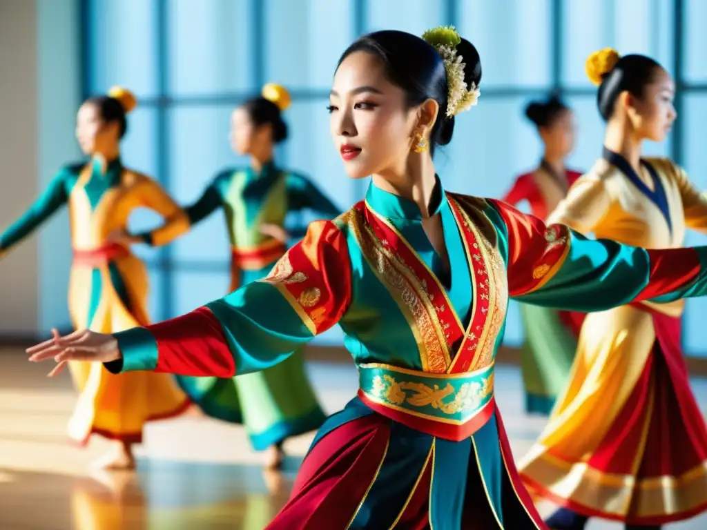 Una instructora de danza asiática tradicional, enseñando con gracia a estudiantes diversos en un estudio soleado