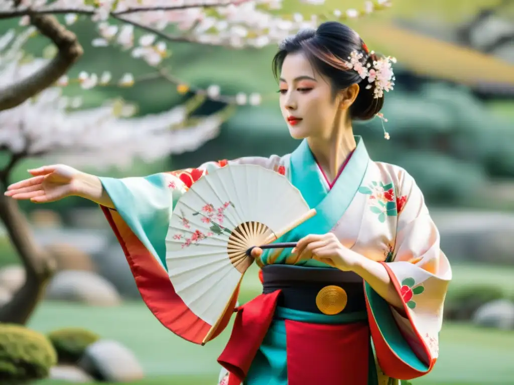 Una instructora de danza japonesa realiza un baile en un jardín tradicional japonés con kimono vibrante y abanicos, mientras los cerezos florecen