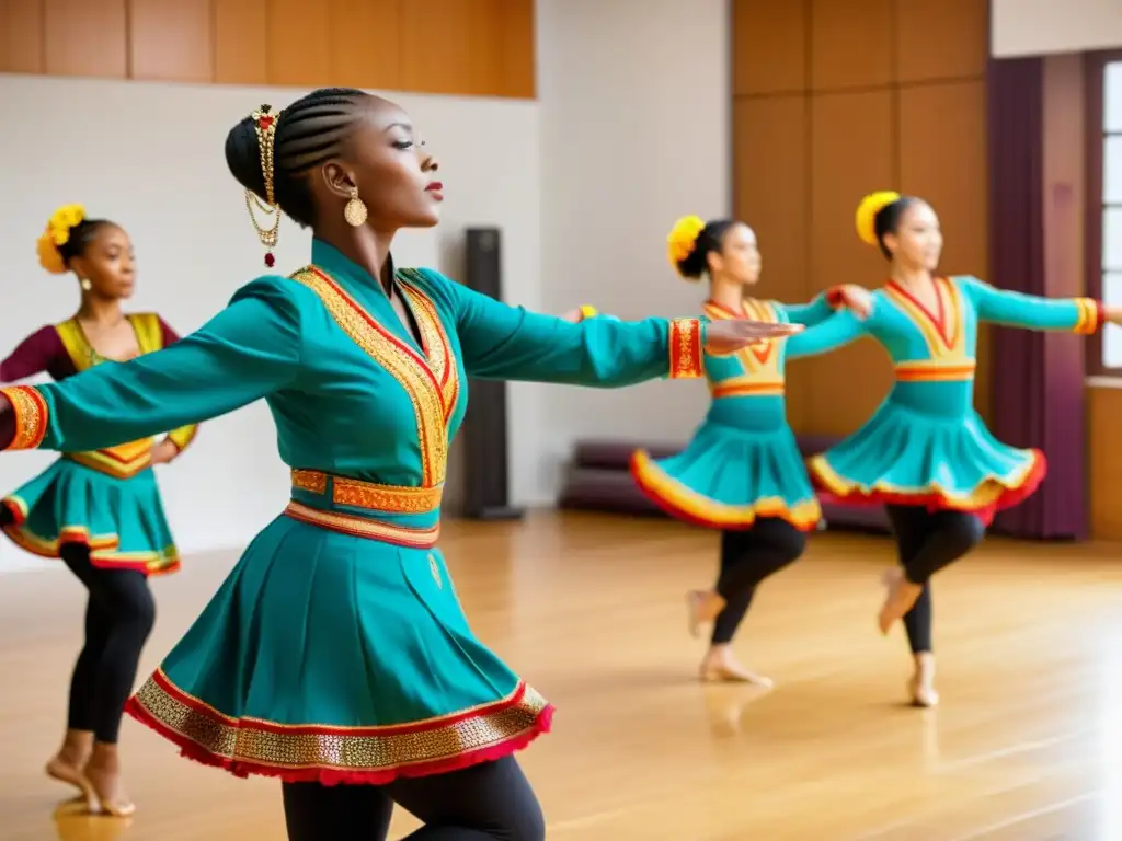 Una instructora de danza tradicional lidera con gracia una clase privada en un lujoso estudio decorado, con estudiantes VIP