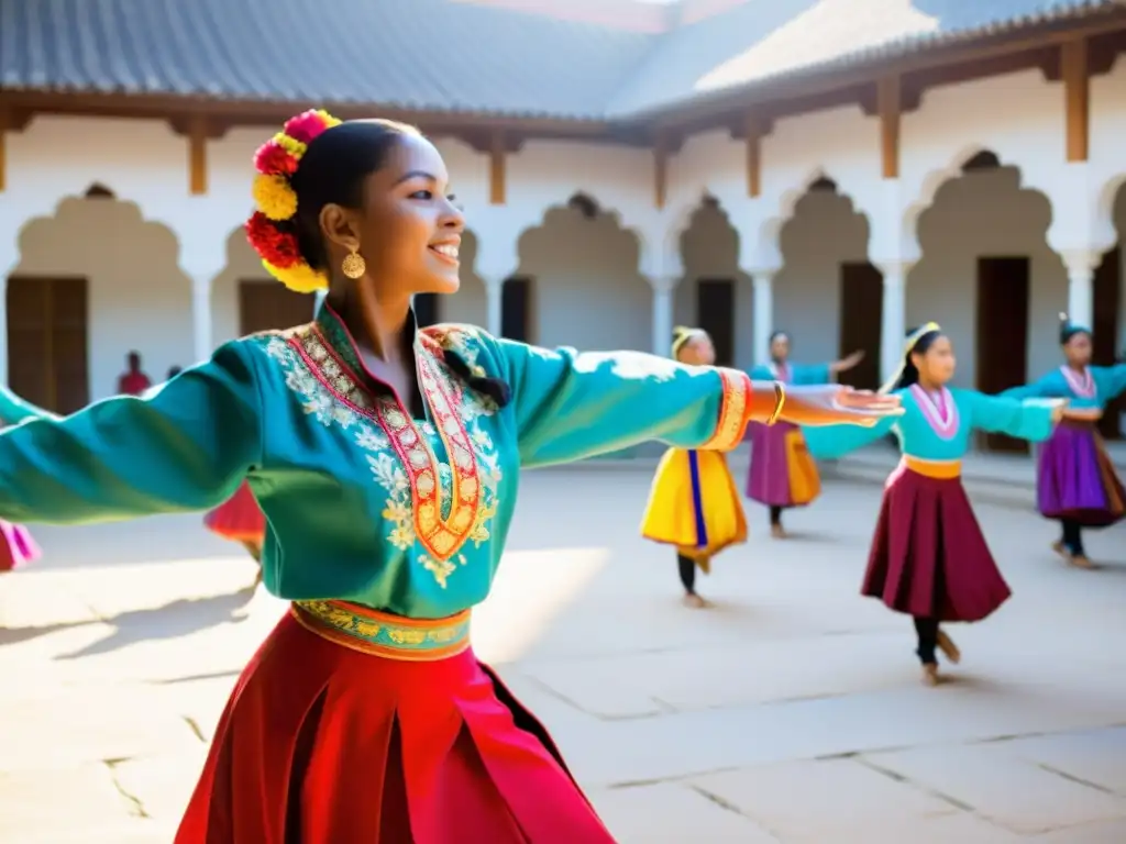 Una instructora de danzas tradicionales enseña con pasión en un patio soleado, rodeada de estudiantes atentos y coloridos