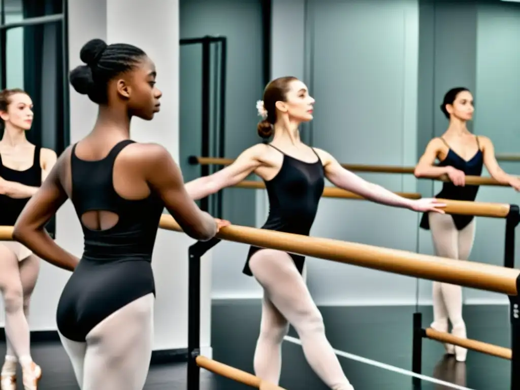 Una instructora de ballet muestra la primera posición en la barra mientras sus estudiantes principiantes la imitan con determinación