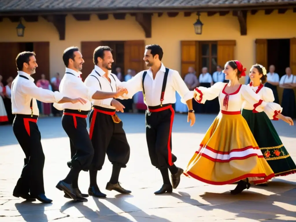 Instructores de danza italiana en trajes tradicionales enseñan tarantela en una animada piazza al atardecer