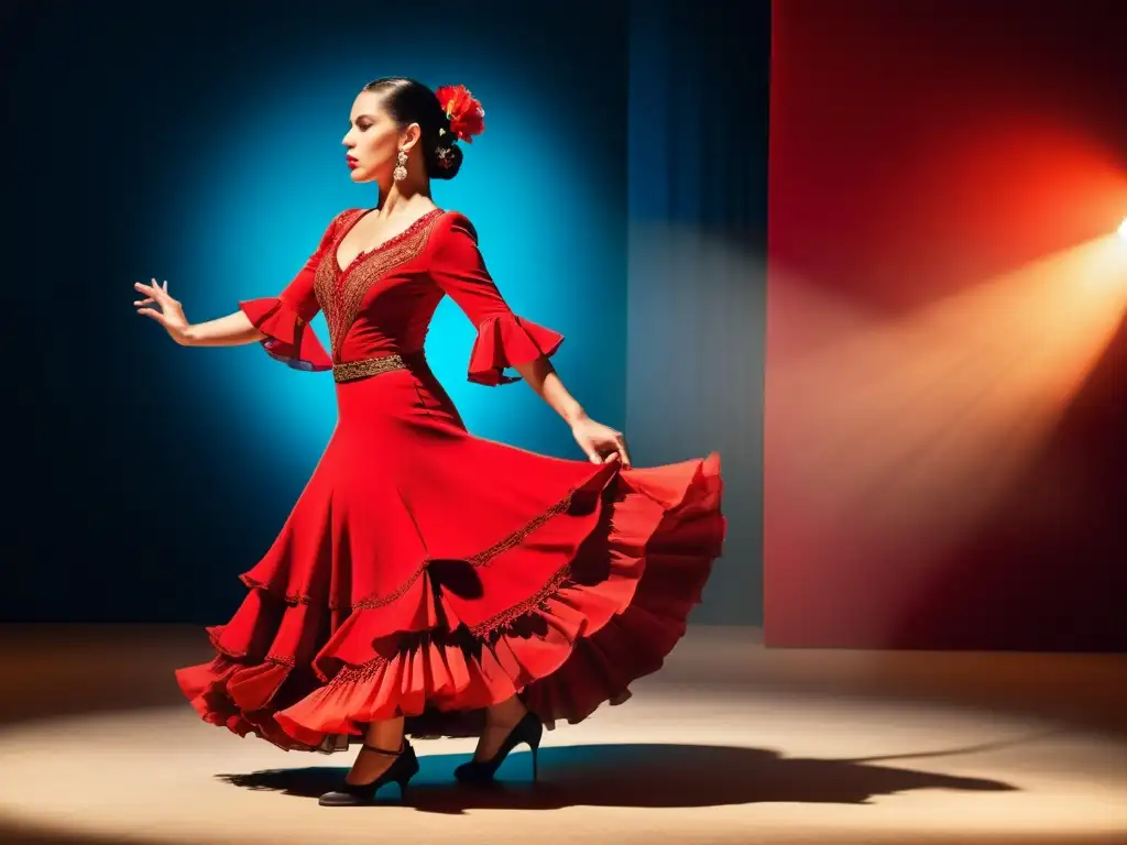 Intensa danza flamenca con vestido rojo vibrante y movimientos fascinantes