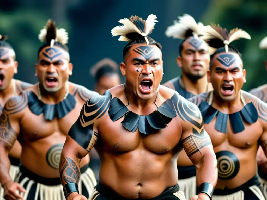 Intensa danza Haka Maorí en festival global, con detalles 8k y espectadores diversos