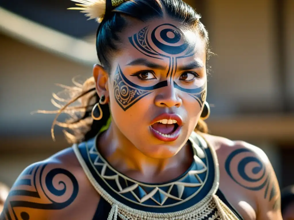 Intensa danza Haka Maorí, expresión facial feroz y significado cultural palpable, grupo de bailarines en atuendo tradicional