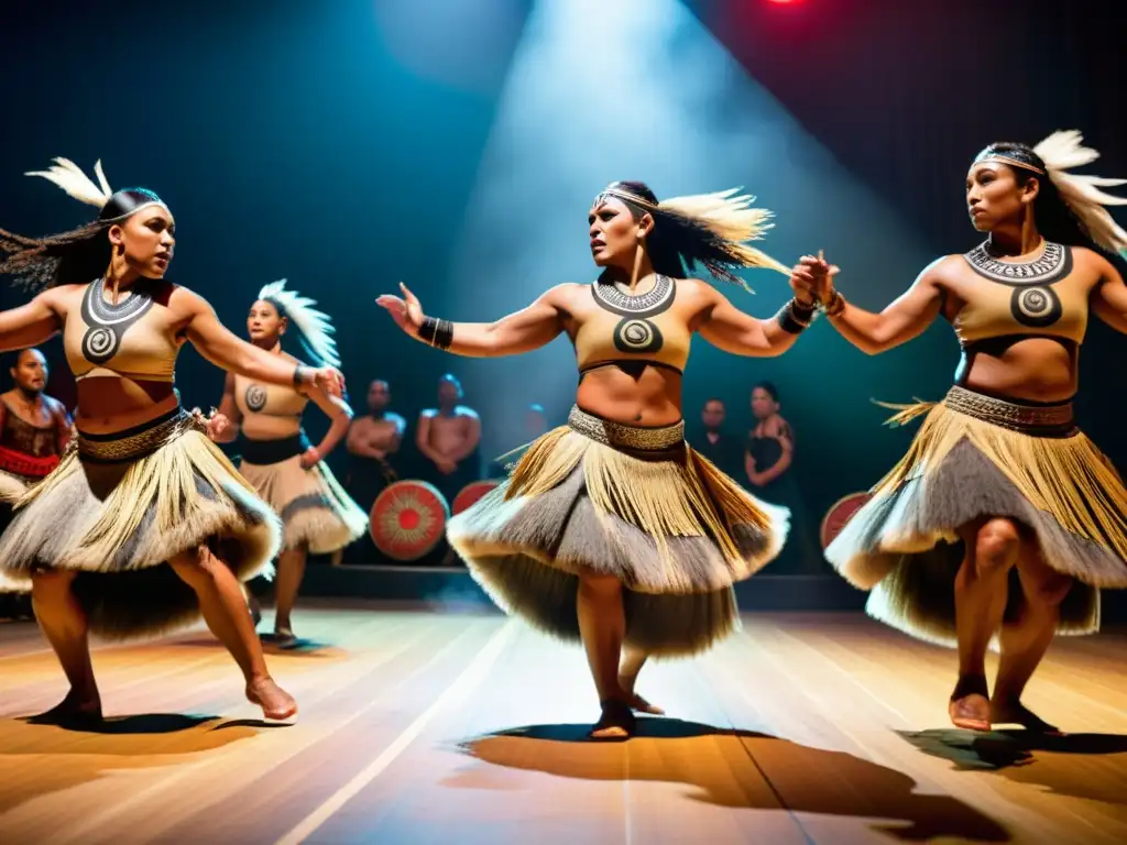 Intensa danza Maorí tradicional con efectos sonoros, movimientos dinámicos y expresiones faciales impresionantes