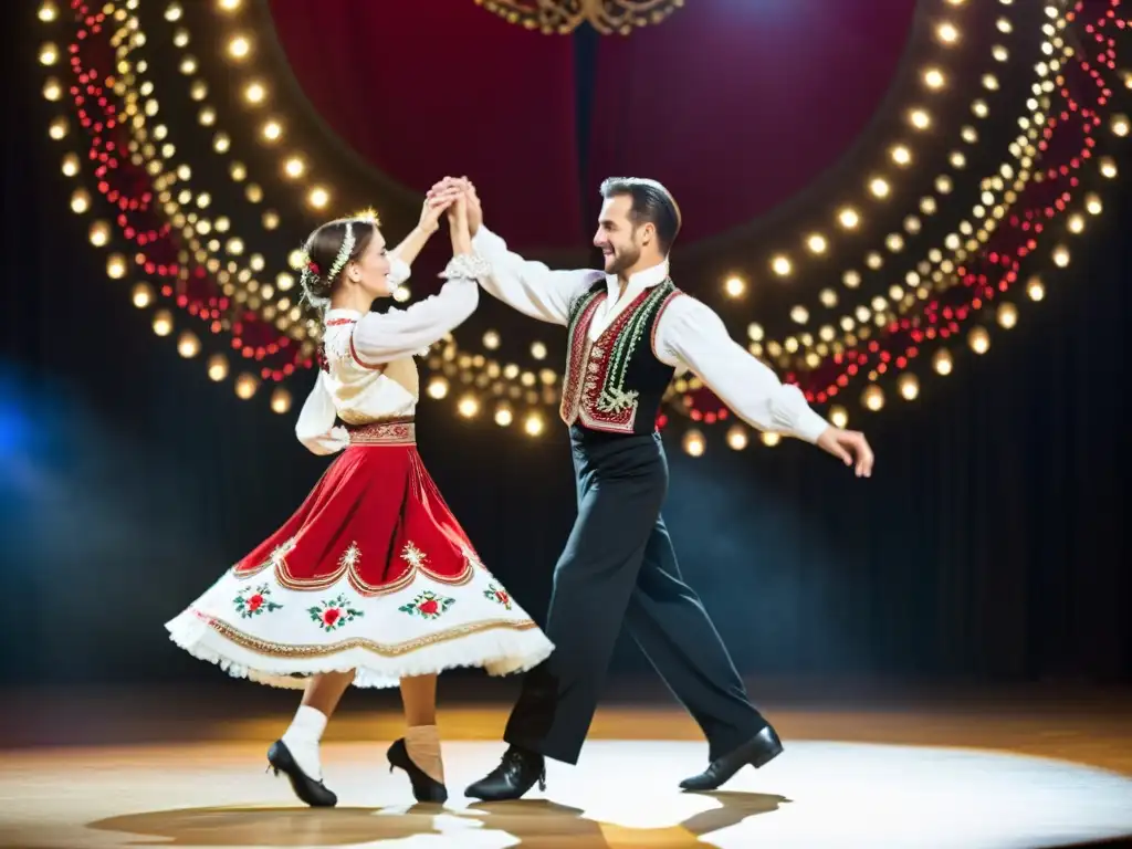 Intensa danza húngara en parejas competitiva, con trajes tradicionales y movimientos fluidos bajo luces doradas