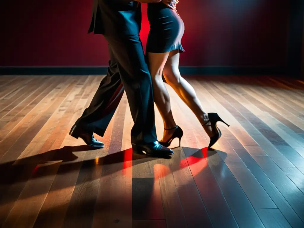 Intensa danza de tango argentino significado cultural, pareja entrelazada en elegante abrazo en la pista de baile tenue