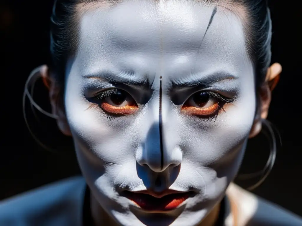 Intensa expresión del rostro de un bailarín de Butoh, con maquillaje blanco y negro