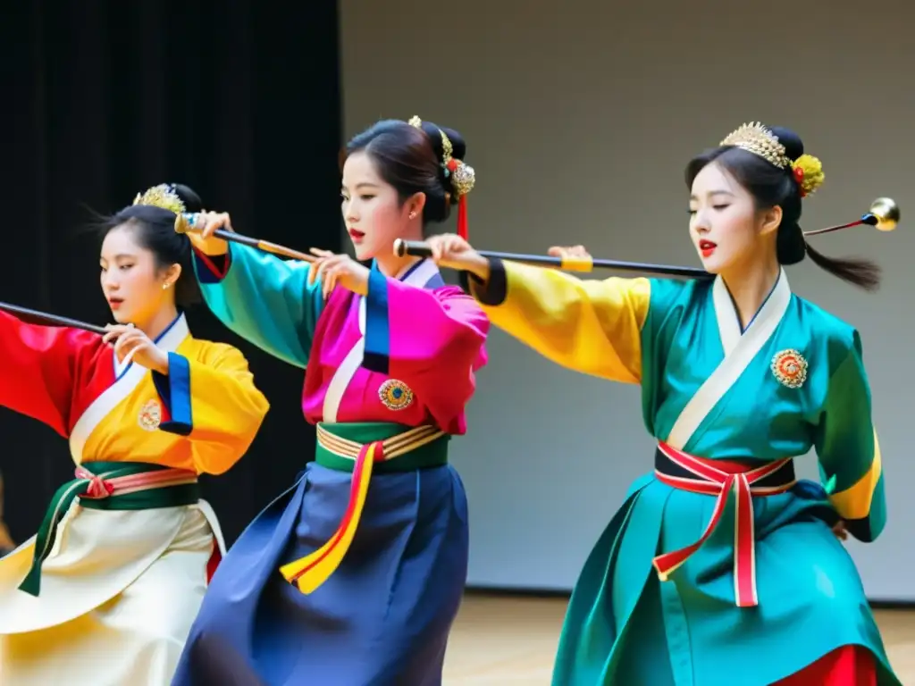 Intensa presentación de Samul nori por músicos coreanos en hanboks vibrantes