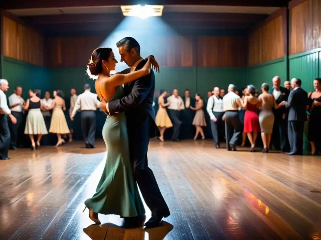 Intensa conexión entre parejas bailando en una milonga, con historia y energía vibrante