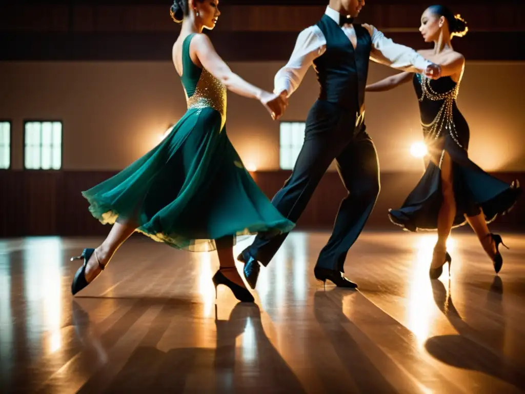 Intensa preparación de bailarines para el Blackpool Dance Festival, reflejada en la elegancia y pasión de sus movimientos en el estudio semioscuro