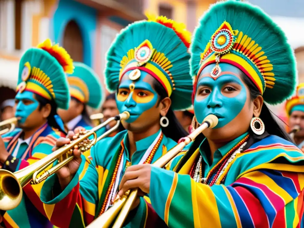 Intensa presentación de danzas tradicionales de Bolivia vientos en el vibrante festival Mascarada, con músicos y multitud animada