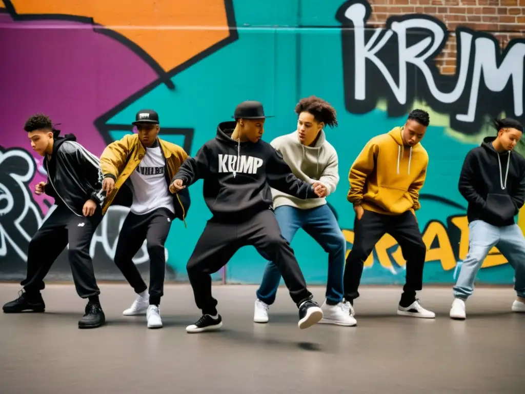 Intensidad y pasión en clases online de Krump para principiantes, con jóvenes bailarines en escenario urbano y graffiti vibrante de fondo