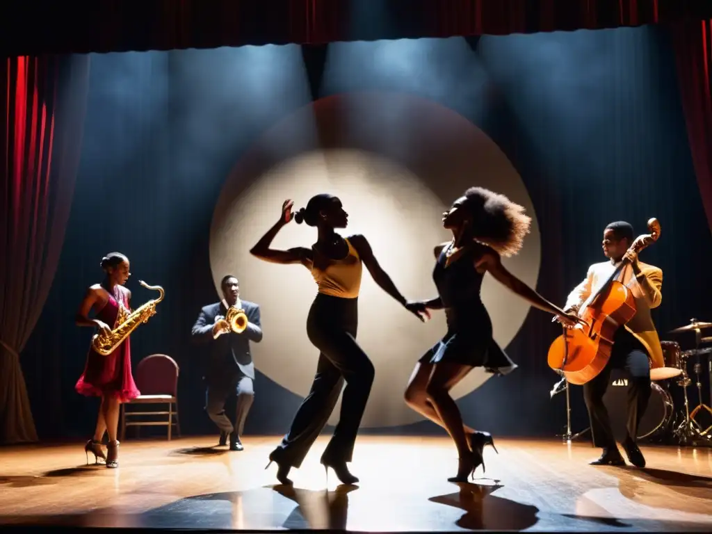 Intenso baile contemporáneo junto a la potente influencia del Jazz en el escenario, capturando la fusión artística