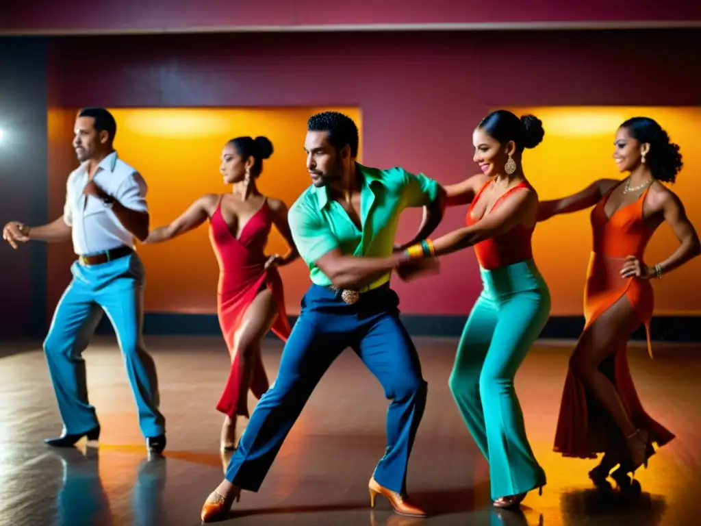 Intenso baile de salsa cubana en pareja en un estudio con música tradicional, expresiones apasionadas y movimientos fluidos